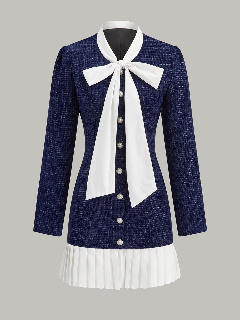 Commense Women's Navy Tweed Dress with White Bow Collar
